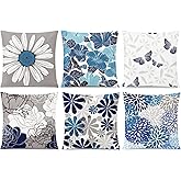 COMMINY Blue Grey Pillow Covers 18x18 Set of 6 Decorative Daisy Flower Throw Pillow Cover for Couch Modern Pillow Case for Patio Living Room Cushion Bed Farmhouse Home Decor