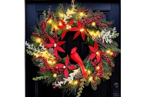 Qingbei Rina Christmas Wreath for Front Door with Lights, 24 Inch Outdoor Prelit Christmas Wreaths with Red Bird Pinecones, Battery Operated Xmas Wreath for Party Holiday Home Wall Window Decor