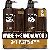 Every Man Jack Amber + Sandalwood Hydrating Mens 3-in-1 All Over Wash for All Skin and Hair Types - Body Wash, Shampoo and Conditioner with Naturally Derived Ingredients - 28.8oz (2 Pack)