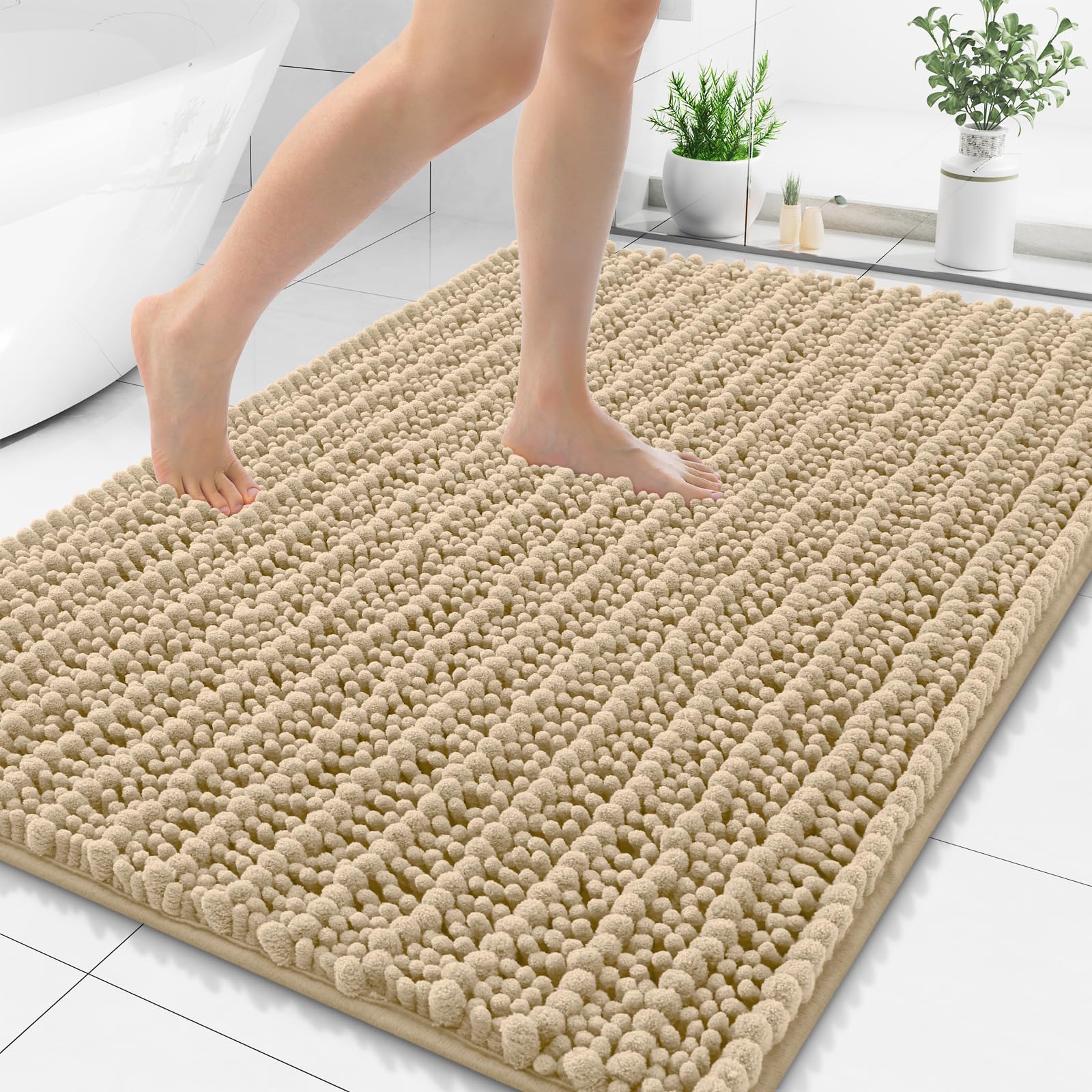 Photo 1 of Smiry Bathroom Rugs Mat 48x32, Extra Soft Absorbent Chenille Bath Rugs, Non Slip Rubber Backing Machine Washable Quick Dry Bath Mats for Bathroom Floor, Tub, Shower, Home Decor Accessories, Beige