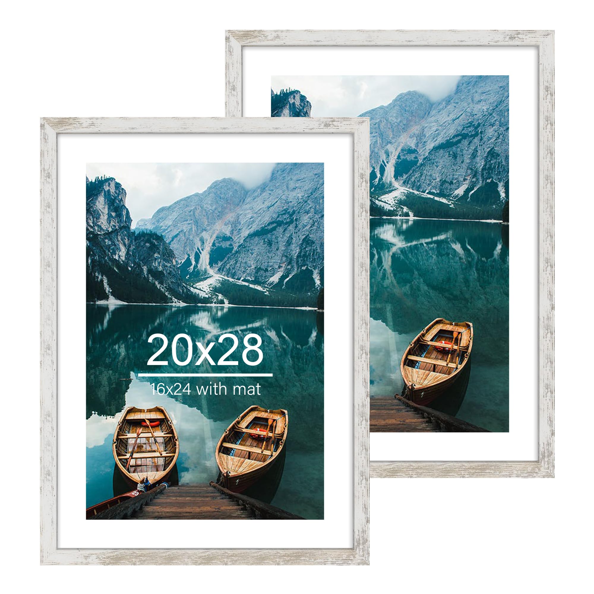 View 1 of ***ONLY ONE*** Hongkee 20x28 Picture Frame Set of 2, Distressed White Wood Style - Display 16x24 Picture with Mat or 20 x 28 Poster without Mat, Wall Mounting Horizontal and Vertical