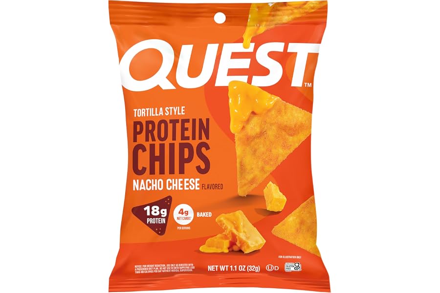 Quest Nutrition Nacho Cheese Tortilla Style Protein Chips, 18g Protein, 4g Net Carb, Low Carb, Gluten Free, 1.1 oz (Pack of 1