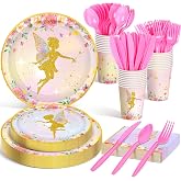 Meanplan 168 Pcs Fairy Plates and Napkins Set for Girls Party Supplies | Fairy Theme Tableware Set Included Cups Knives Forks Spoons Plates Napkins, Serve 24 Guests for Birthday Baby Shower