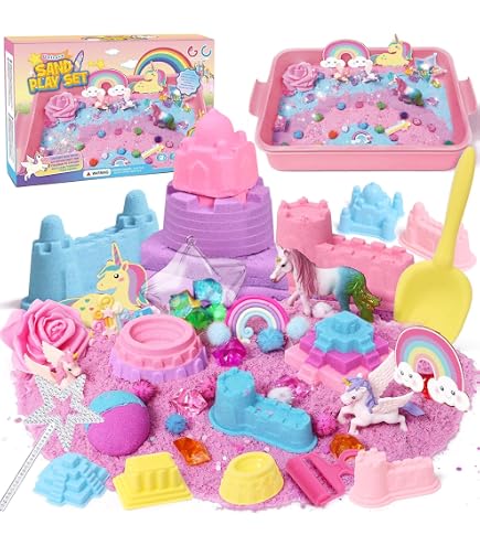 GirlZone Unicorn Kingdom Sand Kit | 2 Lbs Squishy Sand, 7 Tools & Toys In Carry Case | Sensory Craft For Kids