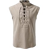 JOGAL Mens Renaissance Shirt Pirate Medieval Sleeveless Halloween Costume Steampunk Viking Lace-up Stand Collar Shirts