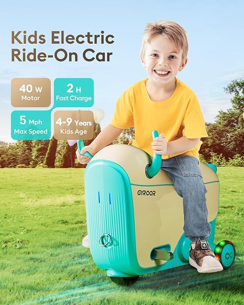GYROOR GNU KIDS ELECTRIC RIDE-ON CAR WITH FLASHING WHEELS, ADJUSTABLE SPEEDS AND 14L STORAGE, ELECTRIC VEHICLES FOR KIDS AGED 4-6 YEARS, 2-IN-1 RIDE-ON AND STORAGE, FOR INDOOR, OUTDOOR, AND TRAVEL USE