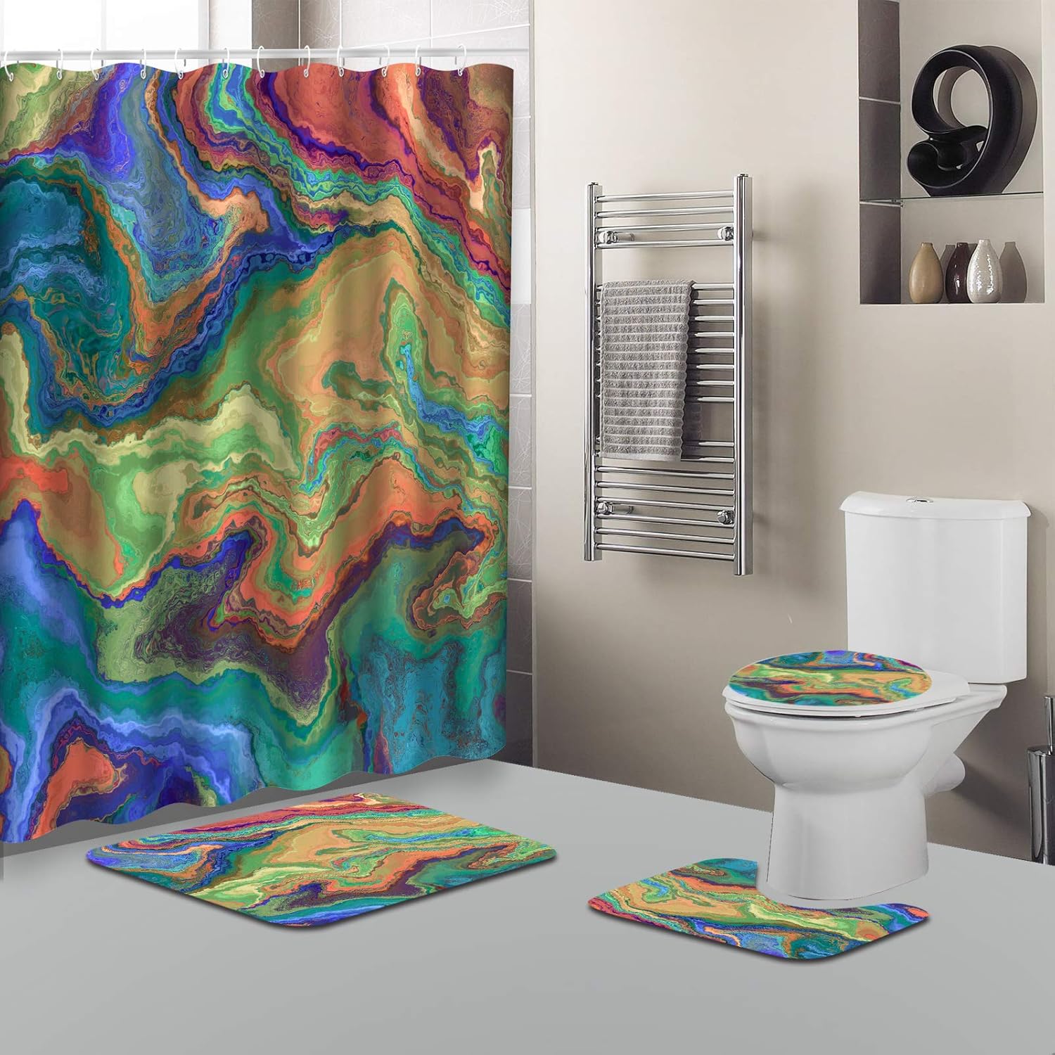 JOYMIN - Juego de cortinas de ducha con alfombras y accesorios - 4