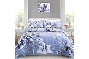 Drucon Purple Quilt Set Queen Bedding Set 3 Pieces Boho Floral Quilt Bedspread Soft Microfiber Lightweight Flower Coverlet Set with 2 Pillow Shams for All Season 90"x96"