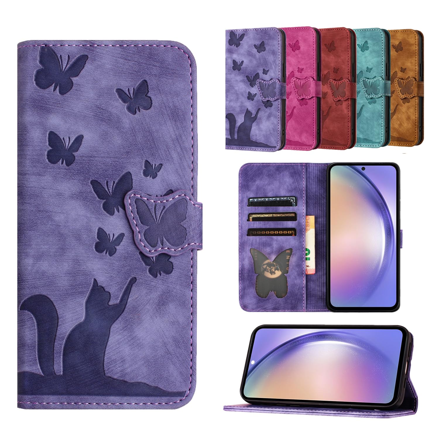TEDTIKJT Cover iPhone 15 PU Leather Flip Wallet Card Slot Magnetic Protective Phone Case, Compatible with iPhone 15, Butterfly Cat Pattern - Purple