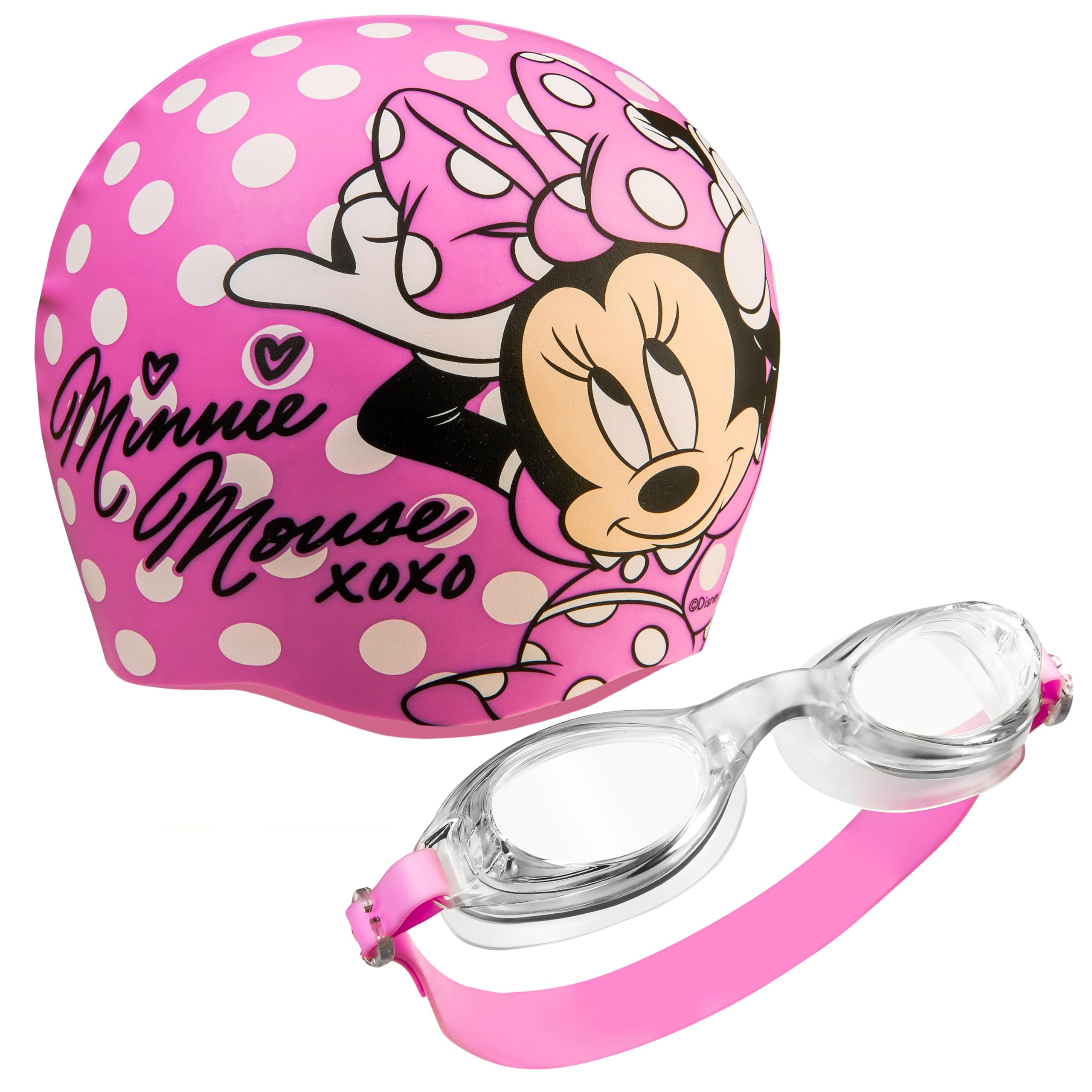 Disney Children's Swimming Goggles and Swimming Cap Set Anti-Fog UV Protection (Pink Minnie, 3-6 Years)