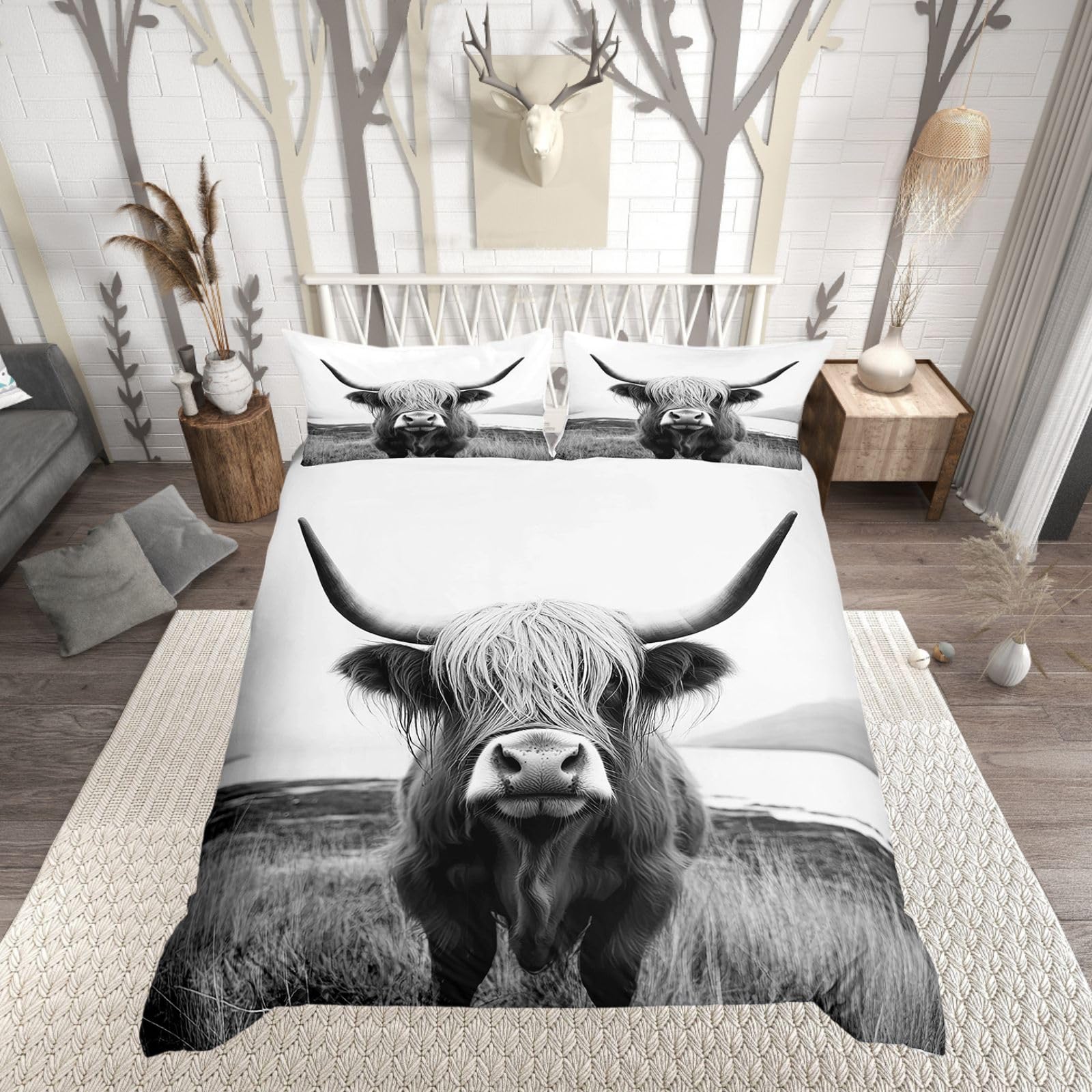 Homewish Highland Cow Comforter Cover Single Size Farmhouse Animal Milk Bedding Set Funny Cute Cow Duvet Cover Wildlife Animal Quilt Cover Gray White Bedding Set Room Decor