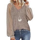 Zanvylia Womens V Neck Sweaters Pullover Casual Spring Fall Tunic Tops Loose Fit Lace Long Sleeve Fashion Shirts 2025