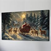 WAXWHELK Christmas Canvas Wall Art, Santa Claus Sleigh and Reindeer Winter Night Painting, Vintage Holiday Decor Picture for Living Room Ready to Hang (24x48 inches)