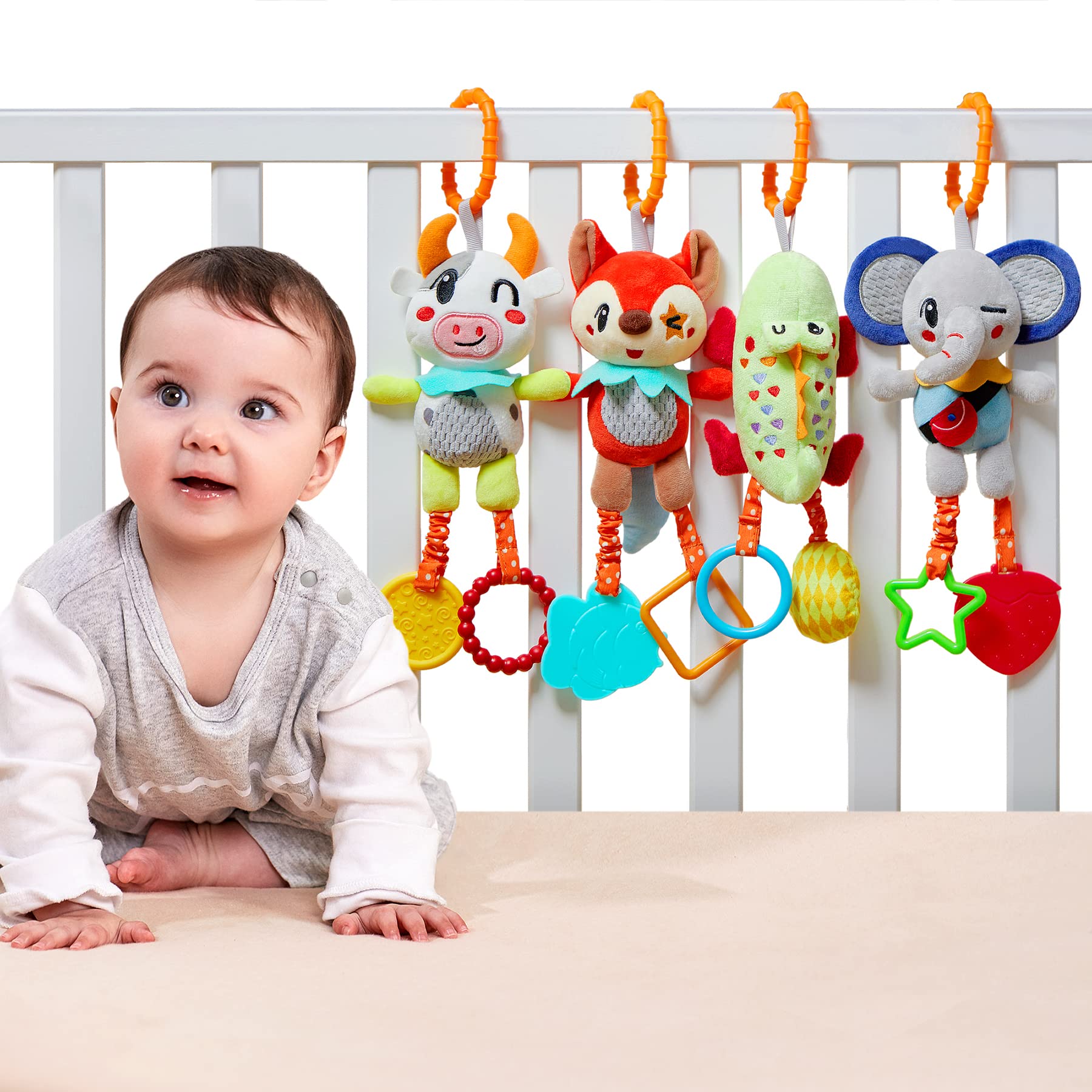 TUMAMA 4 Pack Baby Toys for 0 3 6 9 12 Months, Hanging Crib Toys for Newborn Infant Development, Car Seat Stroller Soft Plush Rattles Toy for Babies