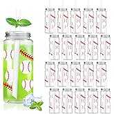Demonwer 20 Pcs Baseball Plastic Cups Reusable Tumbler Clear Sports Theme Party Drinking Cups with Lids and Straws for Outdoor Activities Baseball Sports Party Supplies