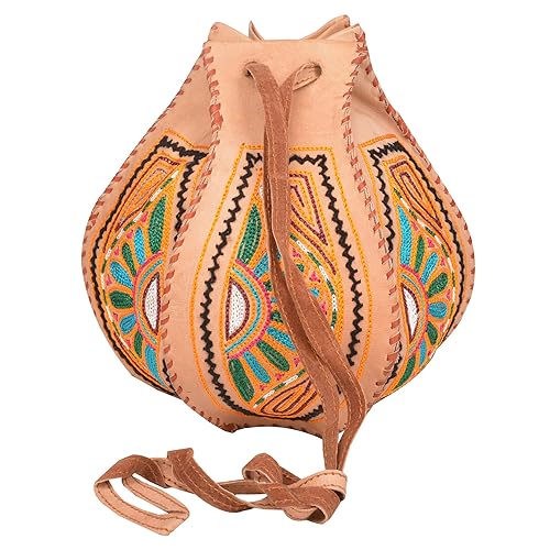 E-Tailor Kayla Leather Colourful Embroidered Shoulder /Novelty Bag For Women - Tan