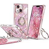 XYZ for iPhone 14 Case, Glitter Bling Phone Cover with 2-Ring Heart Stand & Lanyard, Women Girls Luxury Rhinestone Shockproof Protective Case for iPhone 14, Pink