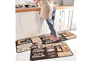 KUKLI KITCHEN Coffee Kitchen Rugs and Mats Non-Slip, Washable, Stain and Fade Resistant, Suitable for Kitchen Mat Set of 2 Coffee Kitchen Decor 17" x47"+17"x30"