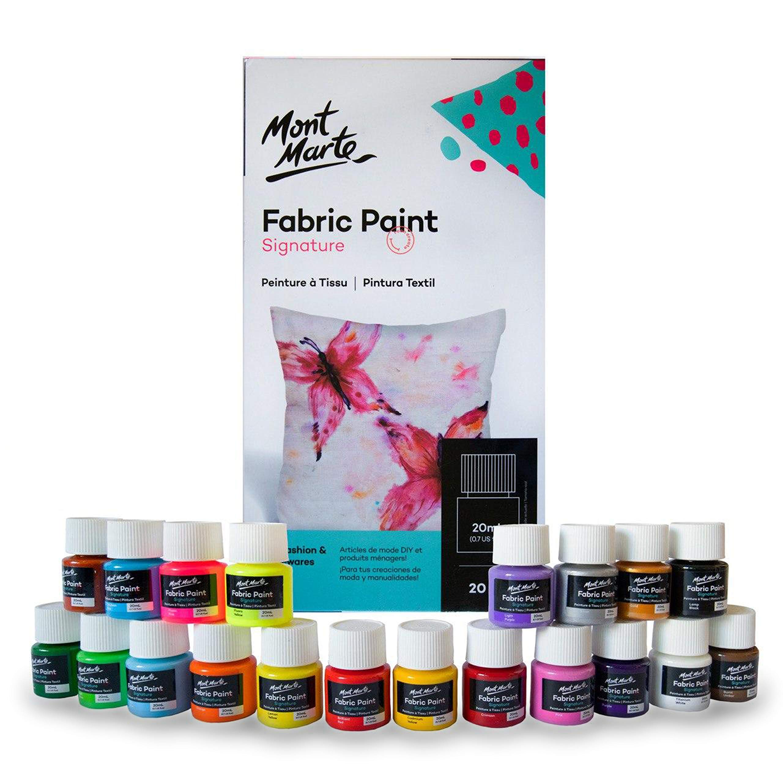 MONT MARTE Fabric Paint Set – 20 pieces x 20ml – Permanent Textile Paints – Ideal Colours for Clothing, Bags and all Fabrics