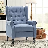 Mid Century Wingback Recliner Chair for Adults, Modern Linen Fabric Push Back Recliner Chairs with Button Tufted Upholstered Back &amp; Footrest, Manual Recliner Chais for Living Room, Nursery, Blue
