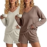Velvelhall 2 Pack Women's Waffle Knit Pajama Sets V Neck Long Sleeve Top and Shorts Lounge Set Loungewear with Pockets