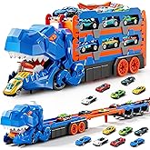 PEADUCK Toddler Toys Car Track Set for 3 4 5 6 Years Old Boys, Dinosaur Transporter Car Race Track with 12 Die-Cast Car Toys,