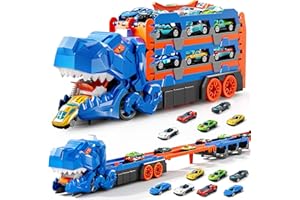 PEADUCK Toddler Toys Car Track Set for 3 4 5 6 Years Old Boys, Dinosaur Transporter Car Race Track with 12 Die-Cast Car Toys,