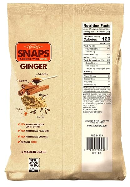 STAUFFERS GINGER SNAPS COOKIES – 14OZ BAG – GINGER FLAVORED COOKIES WITH NO HIGH FRUCTOSE CORN SYRUP, ARTIFICIAL FLAVORS OR COLORS