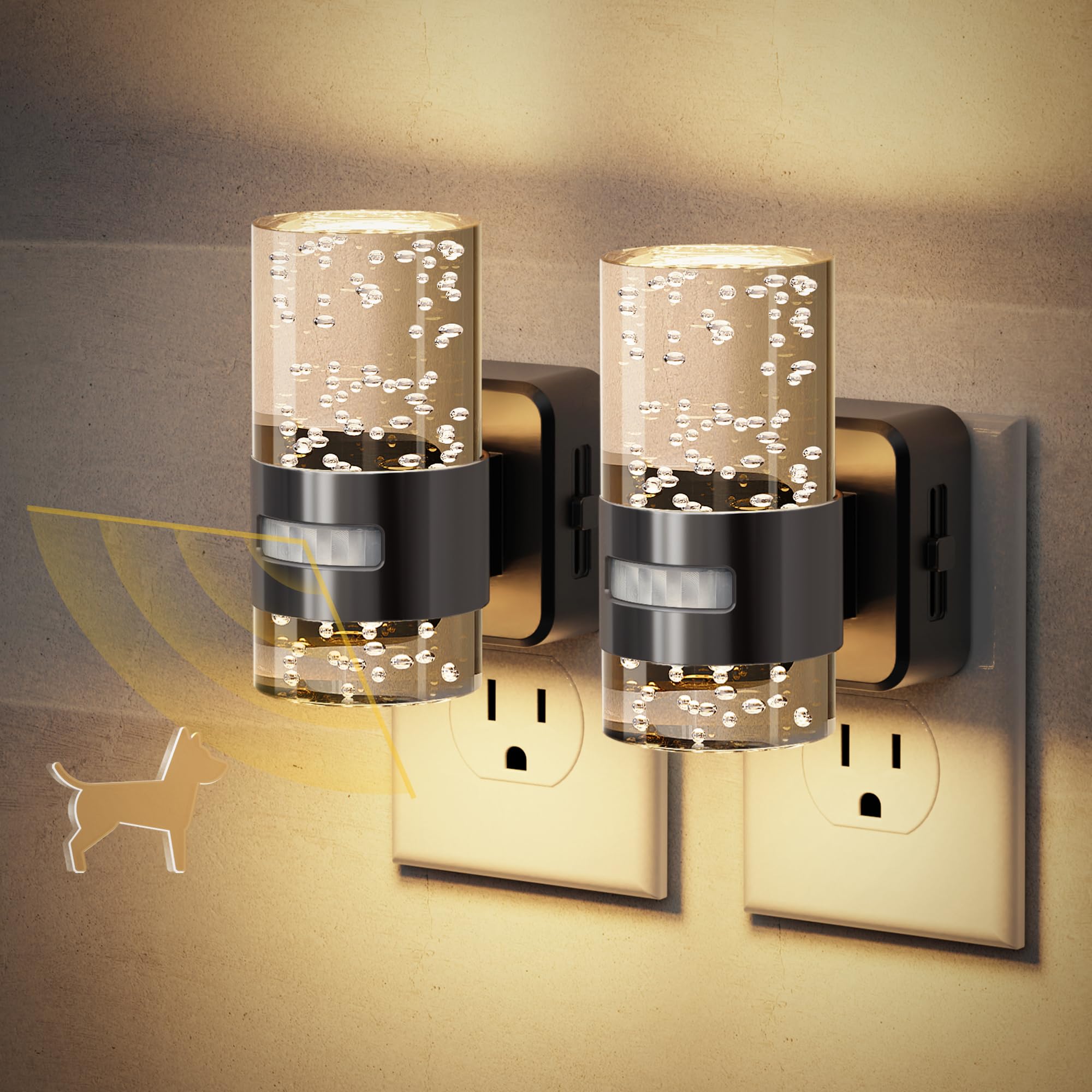 JandCase Motion Sensor Night Light, Night Lights Plug Into Wall, 2 Pack 3000k LED Dimmable Night-Lights With Adjustable Brightness, 0-100Lm, Motion Activated Nightlight For Bathroom, Hallway, Bedroom Image