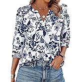 WIHOLL 3/4 Length Sleeve Womens Tops with Button Cuffs Dressy Casual V Neck Summer Outfits Early Fall Fashion Spring Clothes