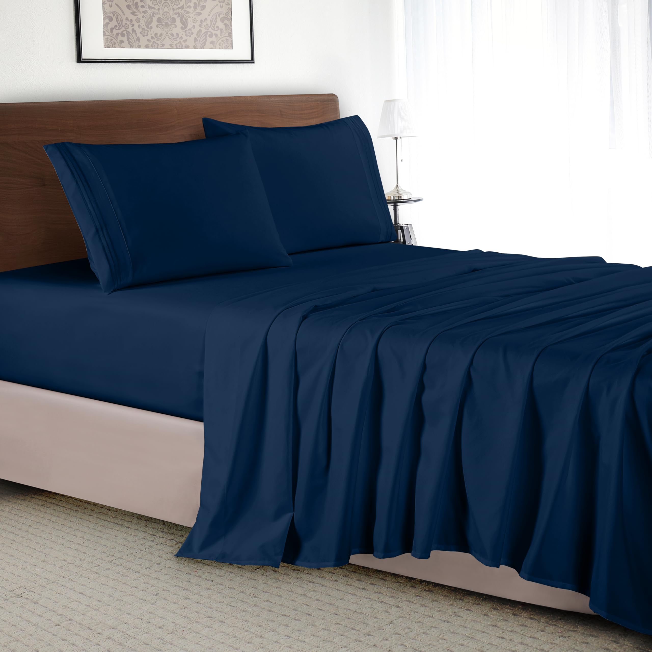 Elegant Comfort Luxury 4-Piece Bed Sheet Set - Luxury Bedding 1500 Premium Hotel Quality Microfiber, Wrinkle Resistant Cool & Breathable, Easy Elastic Fitted, King, Navy Blue