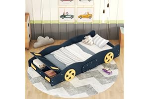 Brisca Twin Size Race Car-Shaped Platform Bed with Wheels,Solid Wood Bed Frame W/Storage,No Box Spring Required,for Bedroom,Apartment,Guest Room,Dark Blue+Yellow
