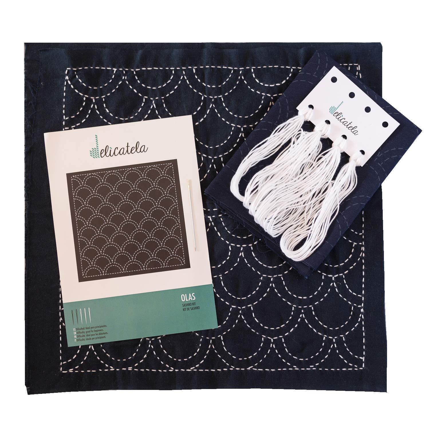 Sashiko | Japanese Embroidery Kit | 68 cm x 34 cm Pre-Printed Fabric (30 cm x 30 cm) | Special Natural Thread for Sashiko | Long Needle | Embroidery Instructions | Delicatela