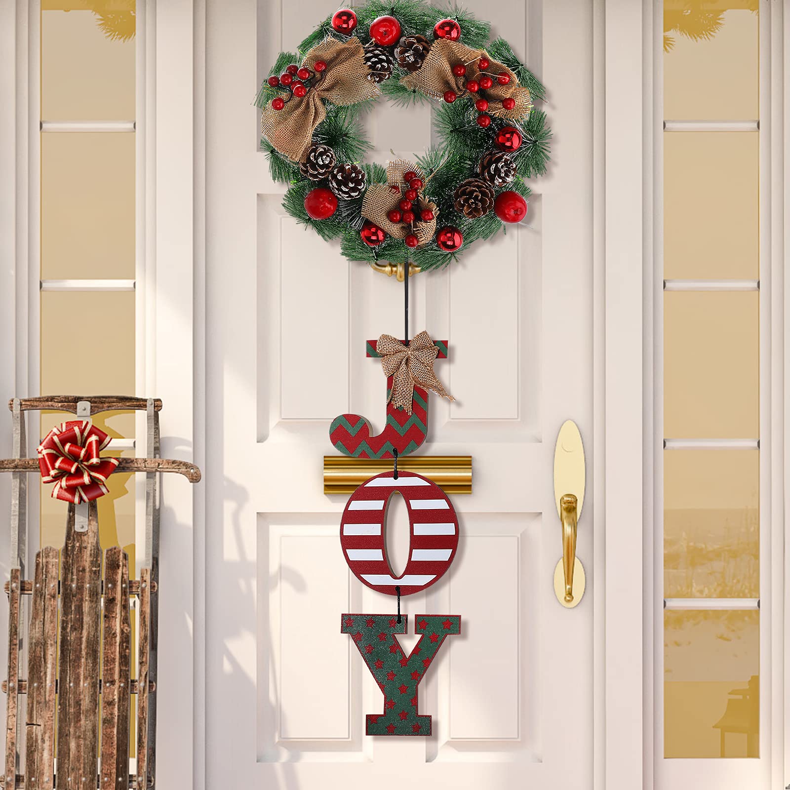 Christmas Wreaths for Front Door Joy Holiday Decor Rustic Christmas Decor with Berries and Pinecones Wood Letters Christmas Wall Decor Artificial Christmas Wreathes for Christmas Party Wall Decoration