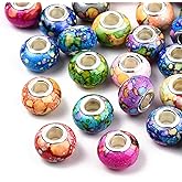 Beadthoven 100pcs Large Hole European Beads Watercolor Colorful Resin Rondelle Beads Charms with Silver Brass Cores European Charm fit Bracelet Necklace DIY Pens Jewelry Making Macrame Hair Braids