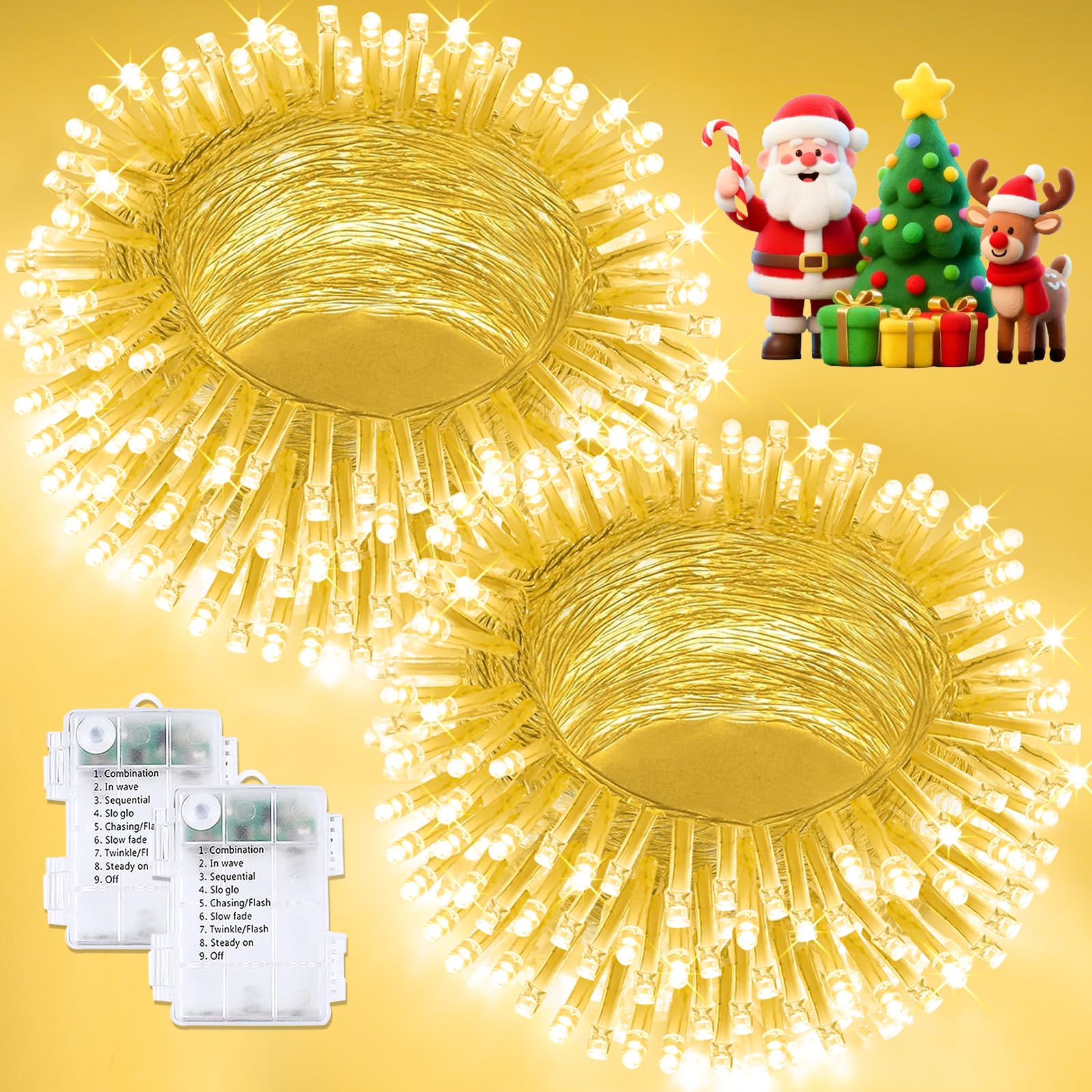 Photo 1 of (incomplete) 2 Pack Christmas String Lights Battery Operated with Timer, 66FT 200 LED Waterproof Twinkle Lights, 8 Modes Fairy Light for Indoor and Outdoor