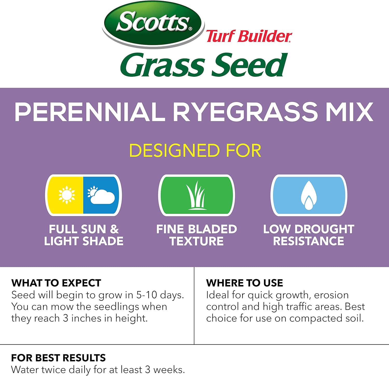 Scotts Turf Builder Grass Seed Perennial Ryegrass Mix, 7.lb. - Full Sun and Light Shade - Quickly Repairs Bare Spots, Ideal for High Traffic Areas and Erosion Control - Seeds up to 2, 900 sq. ft. : Grass Plants : Garden & Outdoor