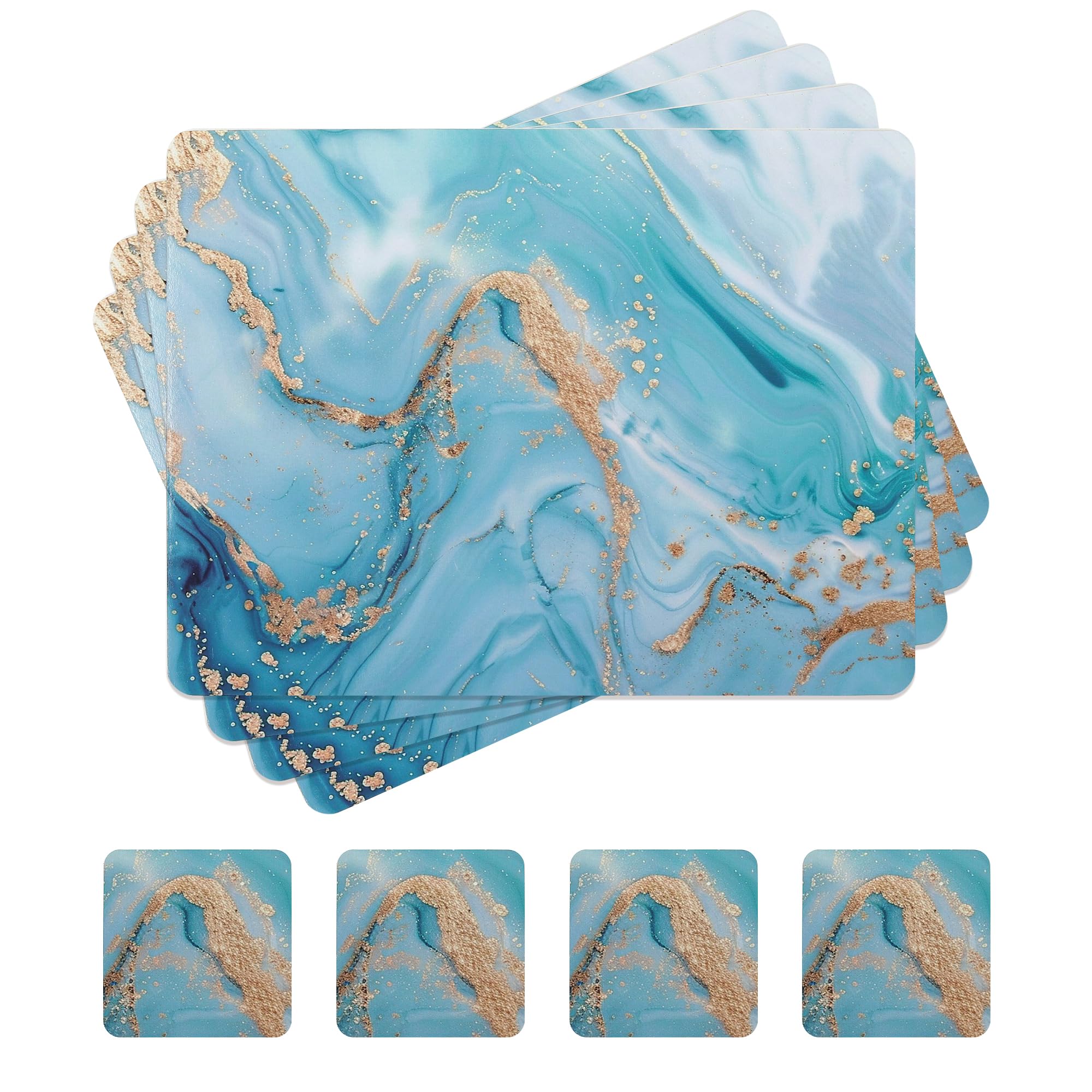 fanquare Cork Placemats Rectangular Placemats and Coaster Sets 4 Lake Blue Ink and Wash Painting Marble Place Mats for Table Waterproof Heat Resistant Table Mats for Kitchen Home Decor 41 * 31cm