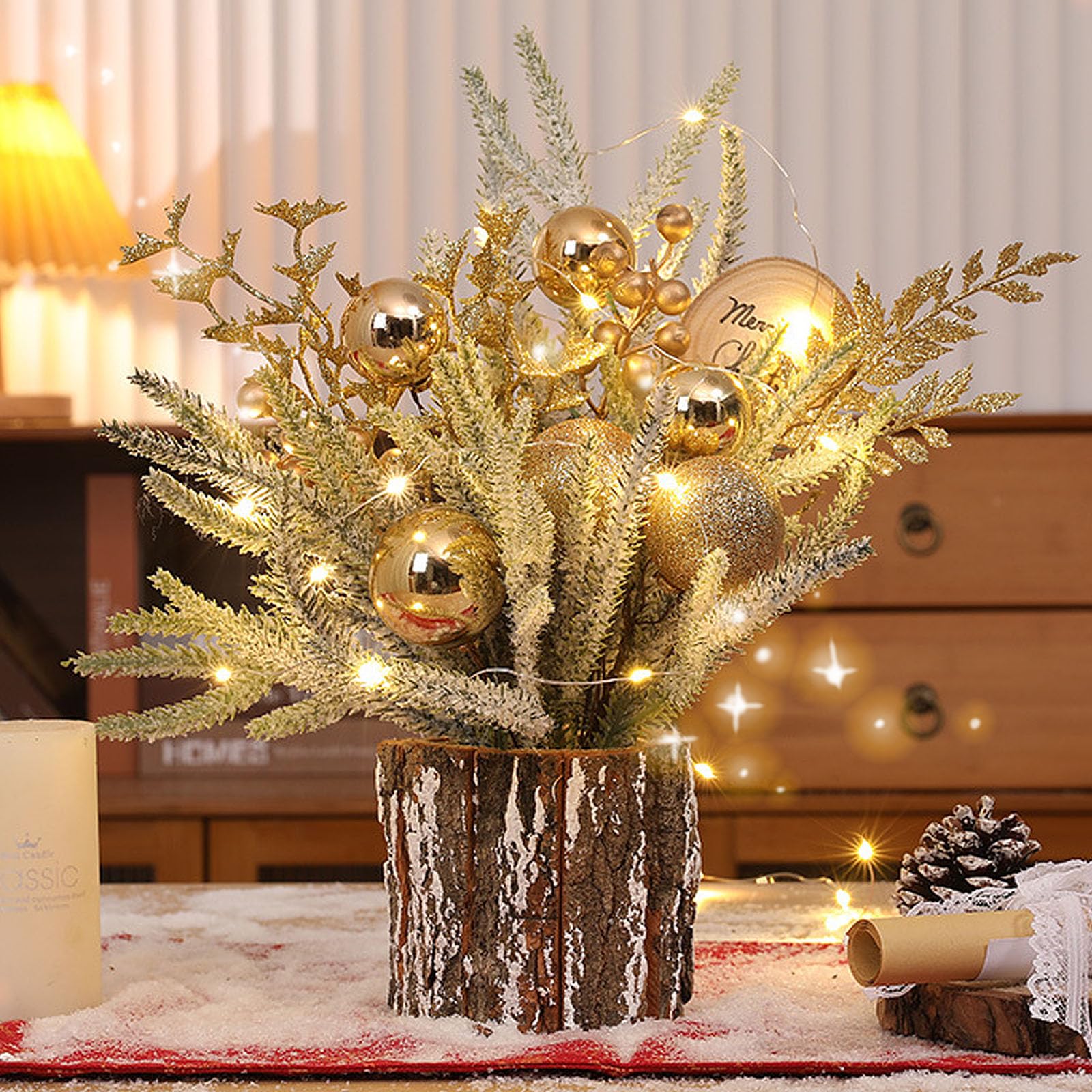 Golden Small Artificial Christmas Tree with Lights - Green, Indoor Mantel Decor, Winter Table Decorations, Holiday Decor