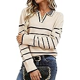 Women's Polo Sweater Long Sleeve V Neck Striped Collared Pullover Fall Sweater Tops 2025