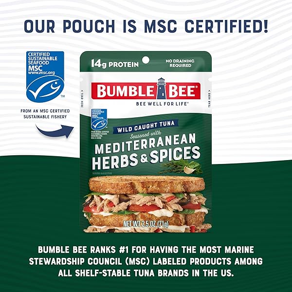 BUMBLE BEE MEDITERRANEAN HERBS & SPICES SEASONED TUNA, 2.5 OZ POUCH – READY TO EAT – WILD CAUGHT TUNA PACKET – 14G PROTEIN PER SERVING – GLUTEN FREE