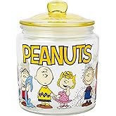 Silver Buffalo Peanuts Squad Featuring Charlie Brown, Snoopy, Schroeder, Lucy, Linus, Sally, Pigpen, Woodstock, and Franklin Glass Cookie Snack Candy Jar with Lid (Small)