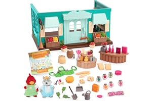 LI'L WOODZEEZ Lil Woodzeez - Toy Figures Playset – General Store Playhouse – Stackable – Mini Furniture & Play Food – Storybook & posable figures Included – 3 Years +