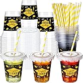 Qinyoung 36 Pcs 14 oz Graduation Plastic Cups with Lids Straws and Liners Class of 2025 Plastic Party Cups Bulk Disposable Graduation Decorations for College School Party Supplies (Black,Gold)