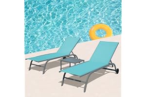 DOMI OUTDOOR LIVING Domi Pool Lounge Chairs Set of 3, Adjustable Aluminum Outdoor Chaise Lounge with Wheels Patio Lounge Chairs with Side Table, All Weather for Deck Lawn Poolside Backyard-Turquoise Blue Textilene