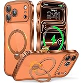 GolbinBox Magnetic for iPhone 17 Pro Case with 360° Spin Stand, [Compatible with MagSafe][Camera Protection][18FT Military Protection] Cute Wave Slim Phone Case for iPhone 17 Pro, Cosmic Orange/Clear