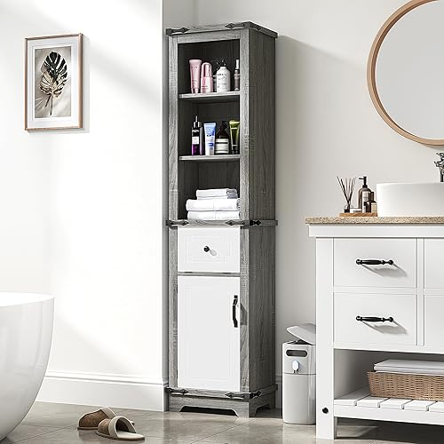 Decofy 63 Inch Tall Corner Cabinet, Modern Corner Storage Cabinet with Door & Adjustable Shelves & Drawers, Anti-Tipping Free Standing Linen Tower for Bedroom, Bathroom, Kitchen, Pantry (Grey)