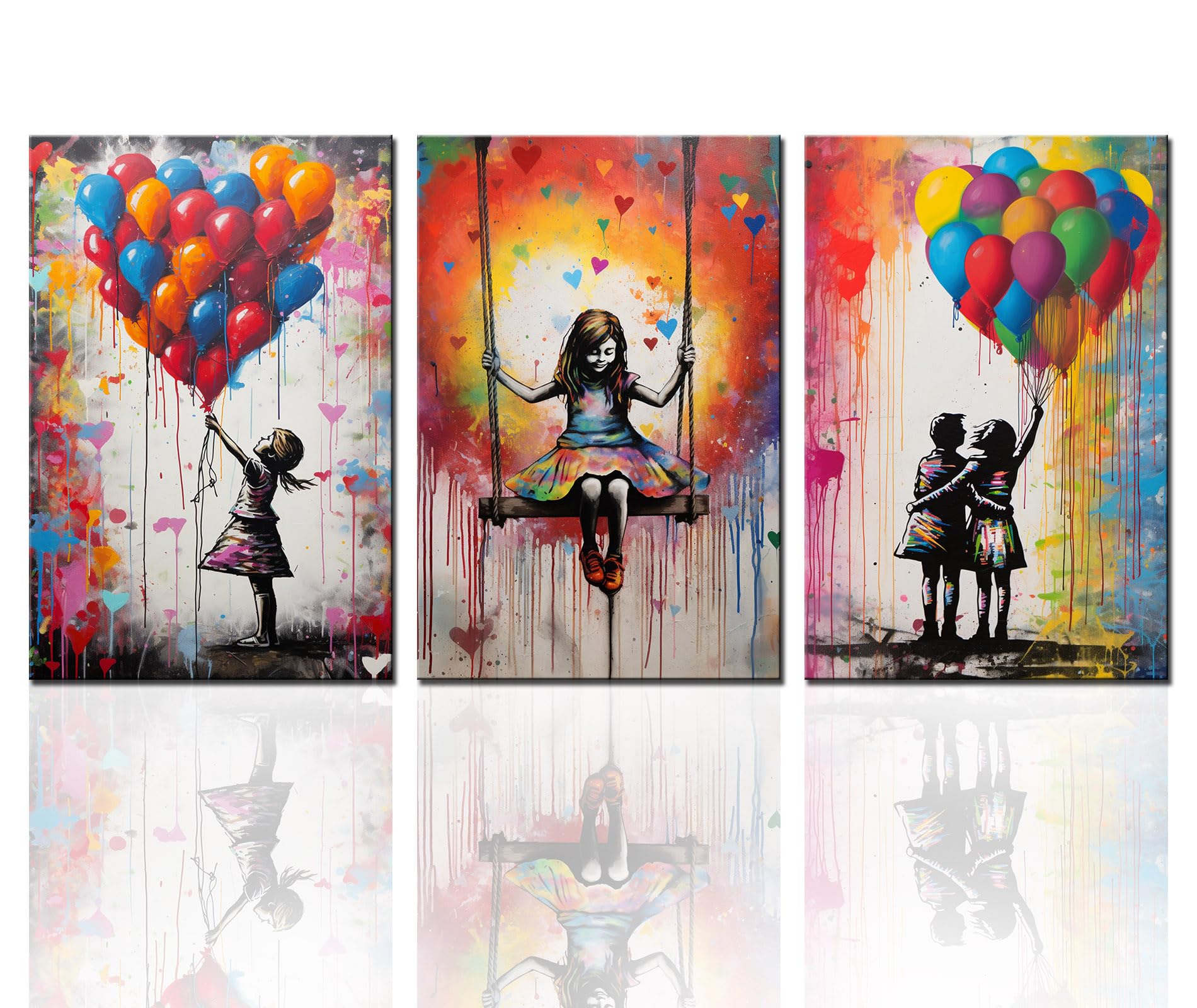 Tucocoo Room Wall Pictures Banksy Girl with Balloon Paintings 3 Piece Canvas Street Pop Art Graffiti Modern Artwork Colorful Home Decor for Living Room Wooden Framed Ready to Hang Gifts 48''Wx24''H