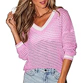 Aoudery Womens Varsity V Neck Long Sleeve Tennis Sweater Casual Crochet Hollow Out Knit Tops Pullover Shirts Beach Coverup