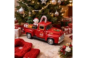 TEELORAY Christmas Red Truck Decor 5 Inch Vintage Farmhouse Metal Truck with Mini Christmas Village Accessories Rustic Xmas Tiered Tray Decor Winter Holiday Tabletop Decorations Xmas Party New Year Gifts